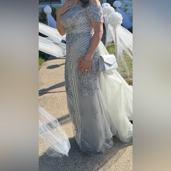 Andrea & Leo Couture
STYLE #MA103  Sz 10 Elegant Off-Shoulder Gray Evening Gown - Picture 12 of 16